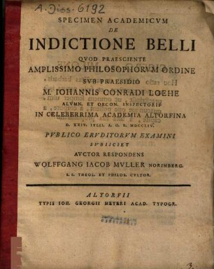 Specimen Academicum De Indictione Belli