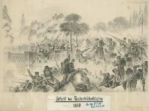 Gefecht bei Tauberbischofsheim, 1866, unter Artilleriebeschuss Kampf württ. Truppen gegen preussische Einheiten um die Tauberbrücke