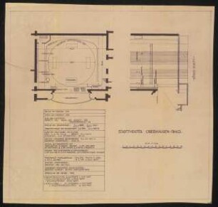 Stadttheater, Oberhausen: Bühnengrundriss und Bühnenlängsschnitt 1:100