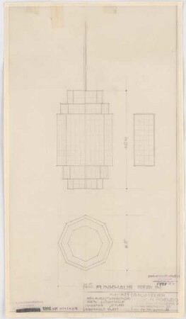 Haus des Rundfunks, Berlin-Charlottenburg: Lichthof, Beleuchtungskörper, Schnitt, Aufriss, Grundriss 1:10