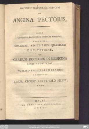 Specimen Inaugurale Medicum De Angina Pectoris