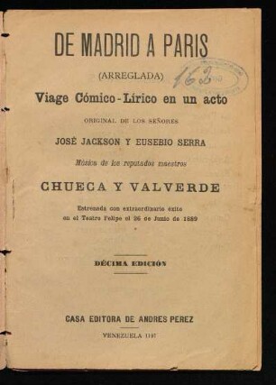 De Madrid a Paris : (arreglada) ; viage cómico-lírico en un acto