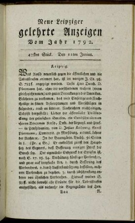 47stes Stück. Den 11ten Junius.