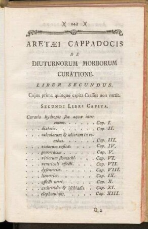 Aretaei Cappadocis De Diuturnorum Morborum Curatione Liber Secundus