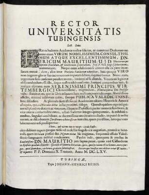 Rector Universitatis Tubingensis Lect. Salut. : Erat ea hactenus Academiae nostrae felicitas ...