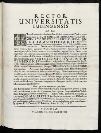 Rector Universitatis Tubingensis Lect. Salut. : Erat ea hactenus Academiae nostrae felicitas ...