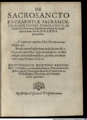 De Sacrosancto Evcharistiae Sacramento, Assertiones Theologicae ...