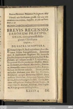 Brevis Recensio Errorum Praecipuorum, circa praemissa Religionis Christianae capita.