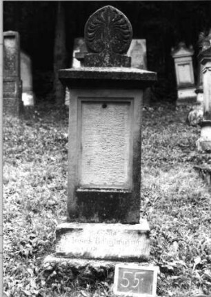 Grabstein 55 (Index: 100090786) Material: Sandstein Zustand: Schriftplatte fehlt, Sockel verwittert Maße HxBxT: 163x61x26 cm Beschreibung: Stele, Sockel, Abdeckplatte mit Palmettenaufsatz, Schriftfeld rechteckig: Grabstein 55