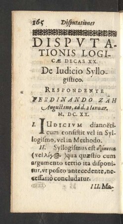 Disputationis Logicae Decas XX. De Iudicio Syllogistico.