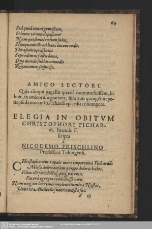 Amico Lectori ... Elegia In Obitum