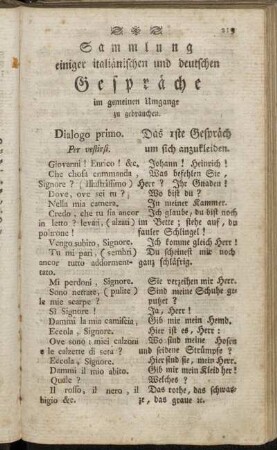 Dialogo primo. Per vestirsi. = Das 1ste Gespräch um sich anzukleiden. - Dialogo nono. De stromenti musici. = Das 9te Gespräch. Von musikalischen Instrumenten.
