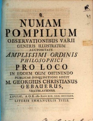Numam Pompilium Observationibus Varii Generis Illustratum ...