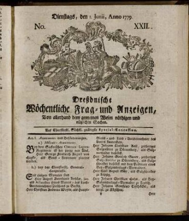 Dienstags, den 1. Junii, Anno 1779. No. XXII. - Dienstags, den 13. Julii, Anno 1779. No. XXVIII.