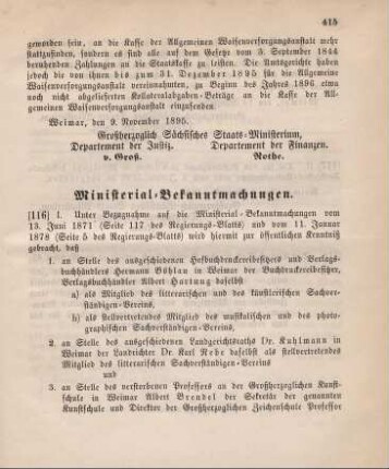 116. Ministerial-Bekanntmachung, betreffend Veränderungen in der Zusammensetzung des künstlerischen, des litterarischen, des musikalischen und des photographischen Sachverständigen-Vereins