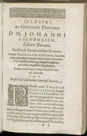 Illustri ac Generoso Domino Dn. Johanni a Schöneich [...]