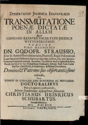 Diss. iur. inaug. de transmutatione poenae dictatae in aliam