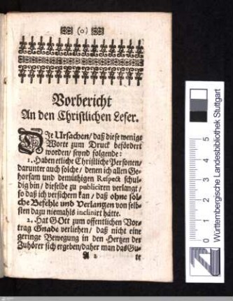 Vorbericht An den Christlichen Leser.