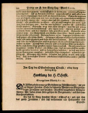 Am Tag der Offenbahrung Christi / oder drey König Tag. Handlung der H. Schrifft