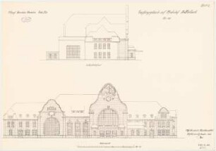 Bahnhof, Mönchengladbach: Aufriss Vorderansicht, Seitenansicht links 1:100