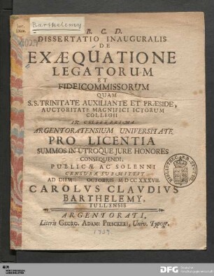 Dissertatio Inauguralis De Eexæquatione Legatorum Et Fideicommissorum