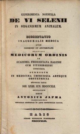 Experimenta nonnulla de vi Selenii in organismum animalem