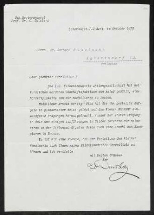 Brief von Carl Duisberg an Gerhart Hauptmann