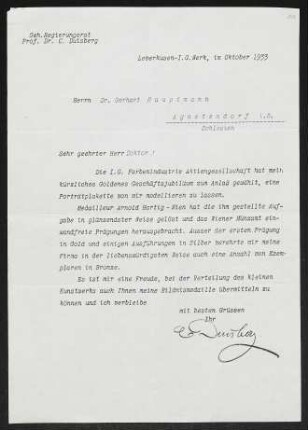 Brief von Carl Duisberg an Gerhart Hauptmann