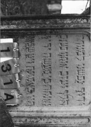 Grabstein 131 (Index: 100114752) Material: Sandstein Zustand: beschädigt und leicht verwittert am Giebel Maße HxBxT: 188x60x31 cm Beschreibung: Stele mit Rundbogen, Akroter, Sockel: Grabstein 131A