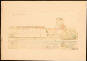 Evangelische Kirche am Lietzensee, Berlin-Charlottenburg: Perspektivische Ansicht von der Seeseite (von Osten)
