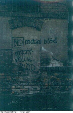 Dresden-Neustadt. Hauswand mit Parole "BILD macht blöd - macht VÖLLIG BLÖD"