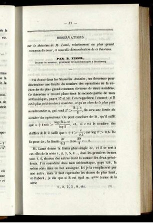 Observations sur le théorème de M. Lamé, relativement au plus grand commun diviseur, et nouvelle démonstration de ce théorème.