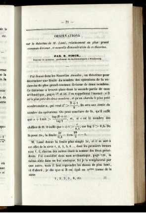 Observations sur le théorème de M. Lamé, relativement au plus grand commun diviseur, et nouvelle démonstration de ce théorème.