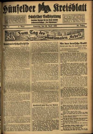 Zweite Ausgabe vom Samstag, den 29. April 1933.