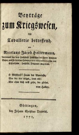 Beyträge zum Kriegswesen, die Cavallerie betreffend