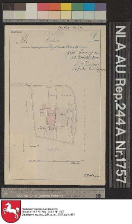 Lage des herrschaftlichen Platzgebäudes BARTSHAUSEN Kolorierte Zeichnung von Hasenbalg Papier Format 31,2x19,7 M 1:1.560
