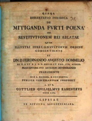 Dissertatio Ivridica De Mitiganda Fvrti Poena Ob Restitvtionem Rei Ablatae