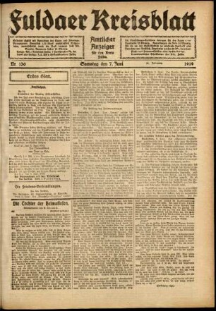 Erste Ausgabe vom Samstag, den 07. Juni 1919.