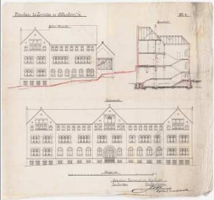 Collegium Bernhardinum, Attendorn: Seiten- und Vorderansicht und Querschnitt 1:100