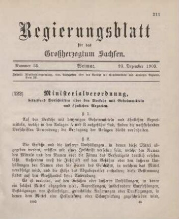 122. Ministerialverordnung, betreffend Vorschriften über den Verkehr mit Geheimmitteln und ähnlichen Arzneien