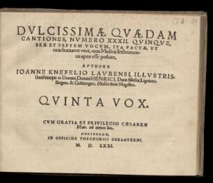 Johannes Knöfel: Dulcissimae quaedam cantiones. Quinta Vox