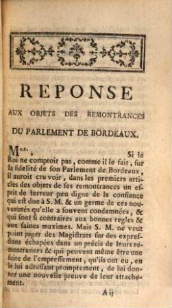 Reponse Aux Objets Des Remontrances Du Parlement De Bordeaux