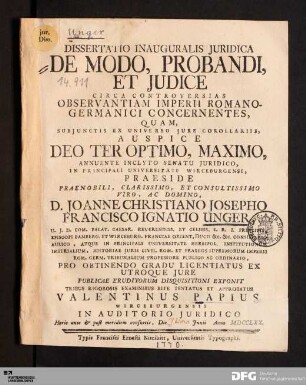 Dissertatio Inauguralis Juridica De Modo, Probandi, Et Judice Circa Controversias Observantiam Imperii Romano-Germanici Concernentes