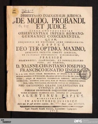 Dissertatio Inauguralis Juridica De Modo, Probandi, Et Judice Circa Controversias Observantiam Imperii Romano-Germanici Concernentes