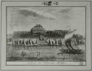 Dresden-Übigau, Schloss Übigau mit Segelboot, kolorierter Kupferstich, 1779
