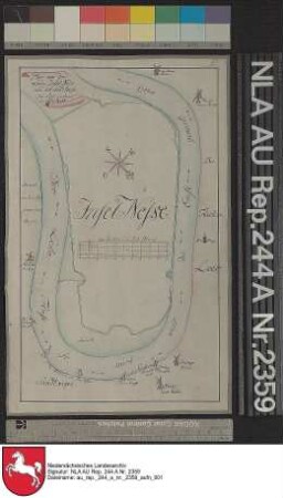 Lage der Insel Nesse zwischen den Flüssen Leda und Ems mit Einzeichnung der sich in der Nähe befindenen Mühlen in LEER Kolorierte Zeichnung von J. H. Magott Papier auf Leinen Format 32,0x20,0 M 1:4.700
