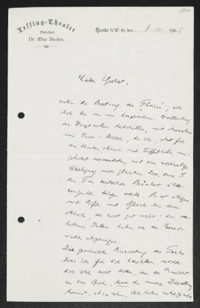 Brief von Otto Brahm von Lessing-Theater  an Gerhart Hauptmann