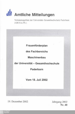 Frauenförderplan des Fachbereichs Maschinenbau der Universität-Gesamthochschule Paderborn : vom 18. Juli 2002