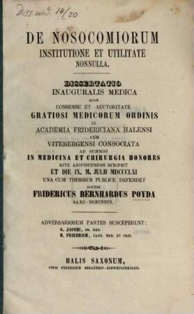 De nosocomiorum institutione et utilitate nonnulla : Diss. inaug.