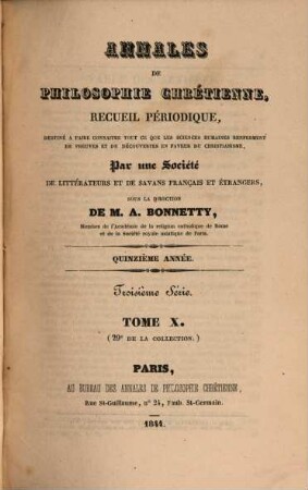Annales de philosophie chrétienne. 29 = Sér. 3, A. 15 = T. 10. 1844